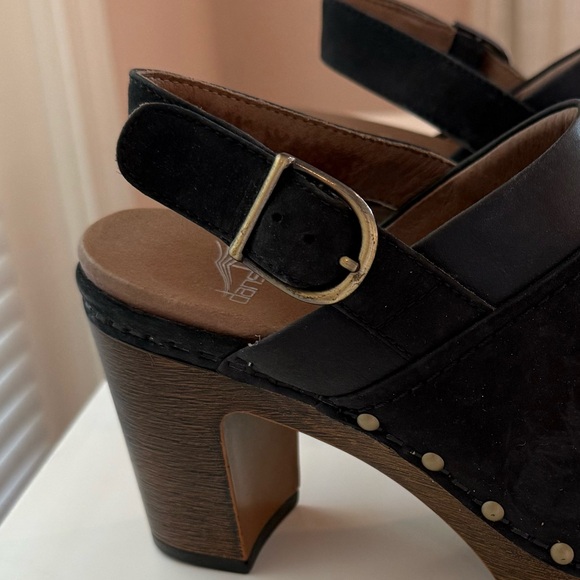 Dansko Delle Suede Slingback Black Platform Clogs w/Wooden Heel, Black, Sz 36 - Picture 5 of 14